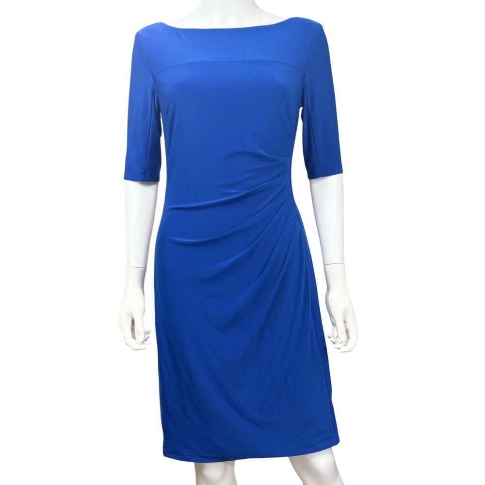 Lauren Ralph Lauren Dress Womens 8 Blue Boat Neck 3/4 Sleeve Pleated Knee Length